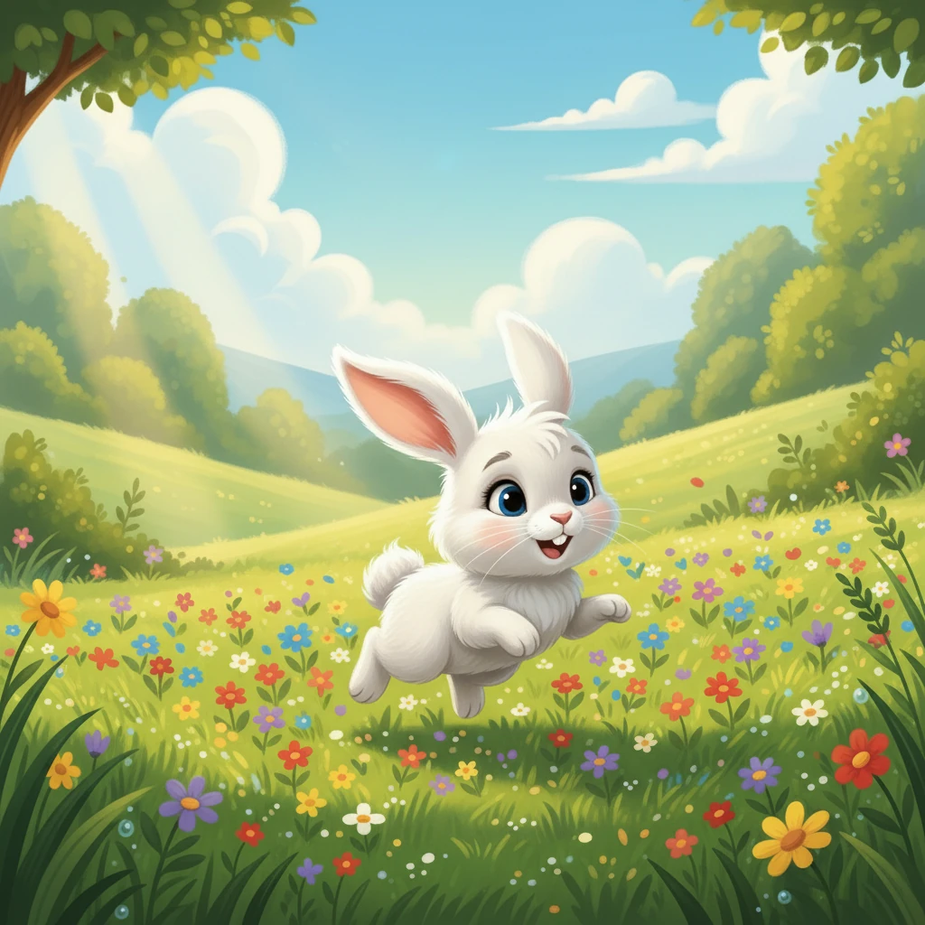 Die Wiese erstreckte sich so weit das Auge reichte, bedeckt mit saftigem, grünen Gras. Bunte Blumen wiegten sich sanft im Wind. Hoppel hoppelte vergnügt umher, seine kleinen Ohren aufmerksam nach Geräuschen.