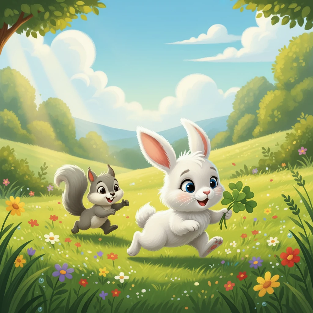 Gemeinsam erforschten Hoppel und sein neuer Freund die Wiese. Sie spielten Fangen zwischen den Blumen und suchten nach leckeren Kleeblättern. Die Sonne wärmte sie.