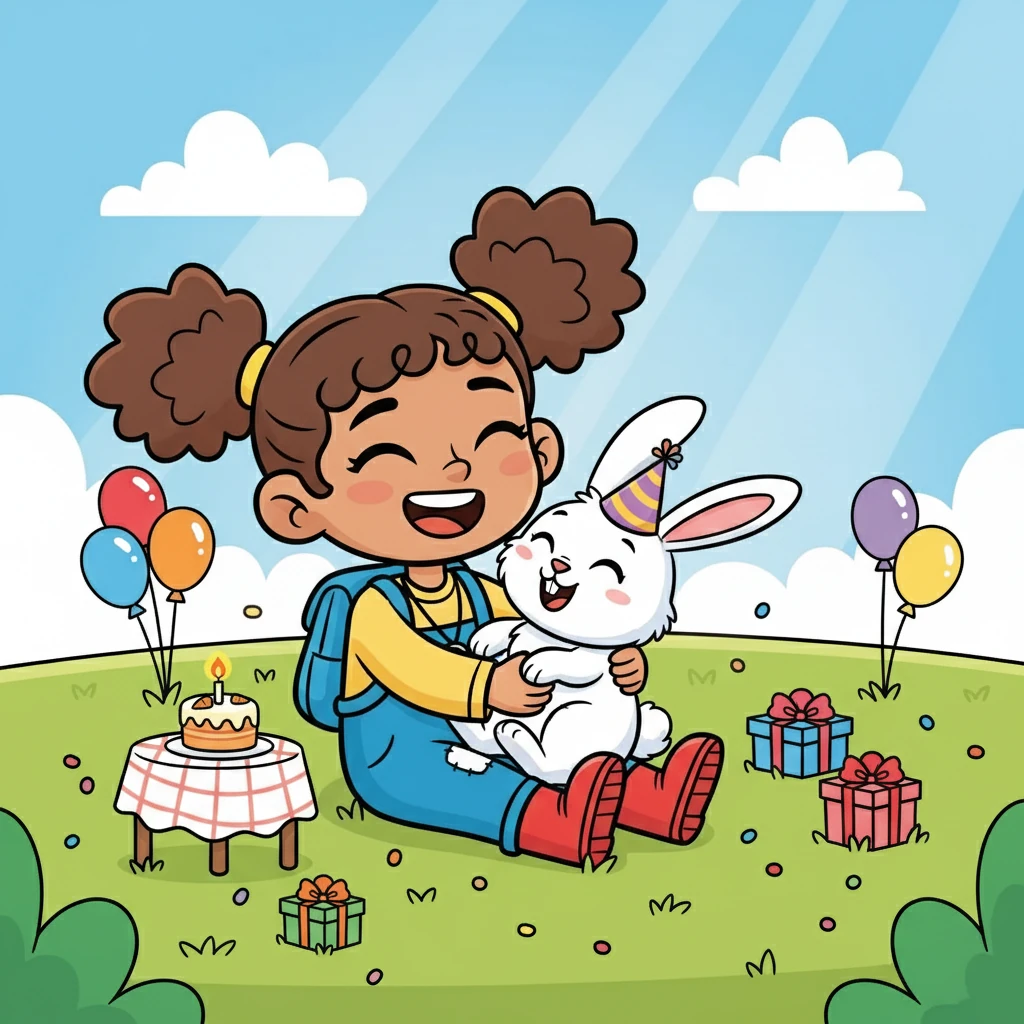 Maya received Snowy, her fluffy white bunny, after waiting for months. They were the best of friends, and Maya loved Snowy more than anything. On a beautiful sunny day, Maya had a party for Snowy on the lawn.