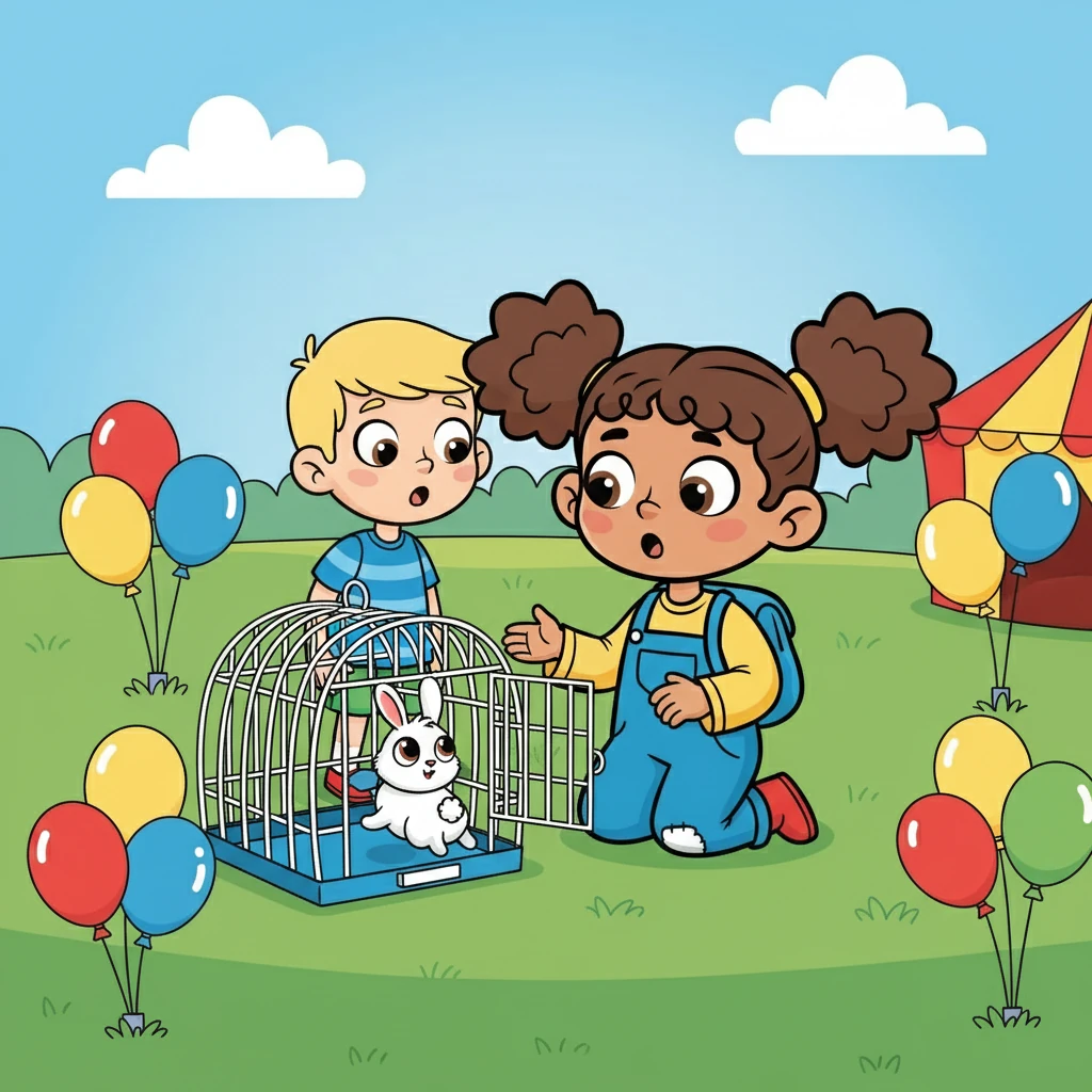 Maya carefully placed Snowy's cage on the lush green lawn, decorated with colorful balloons. She chatted with Snowy, telling him all about the party. Suddenly, a curious kid opened the cage door, and Snowy hopped away.
