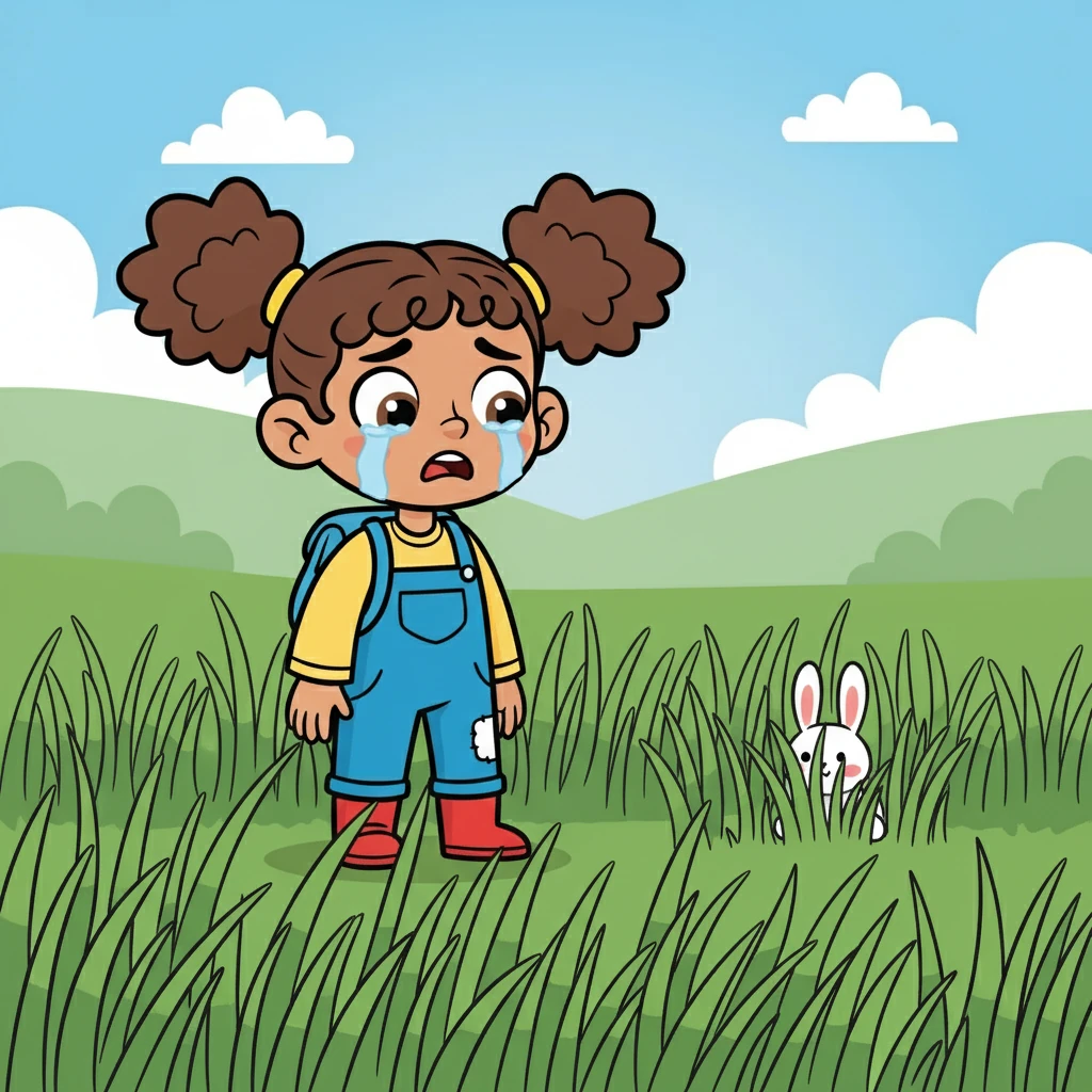 Maya watched in horror as Snowy disappeared into the tall, green grass. Tears streamed down her face as she realized her bunny was gone. She felt a deep sadness and worried about Snowy's safety.