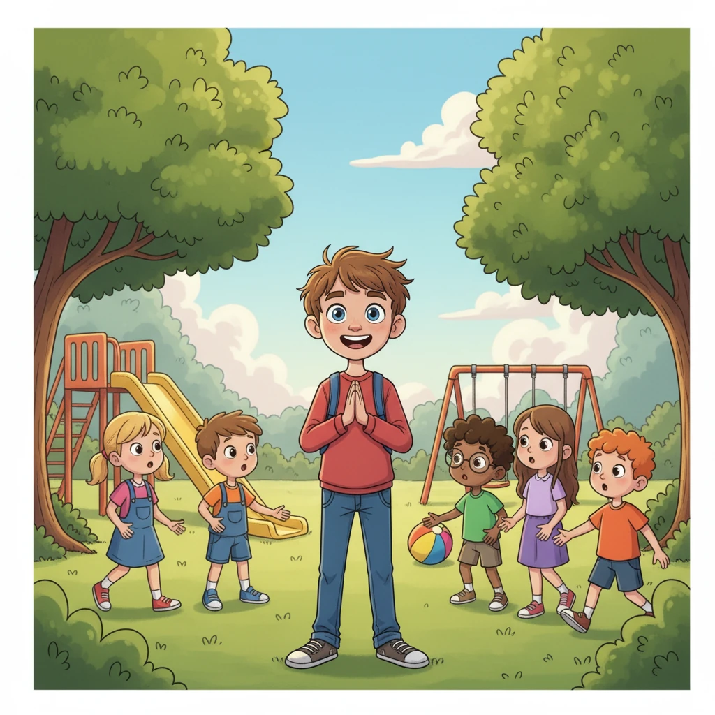 Avec un peu de courage, Théo s'approcha du groupe et demanda s'il pouvait jouer. Au début, les enfants furent surpris, mais ils lui firent une place. Théo sourit, heureux de cette invitation.
