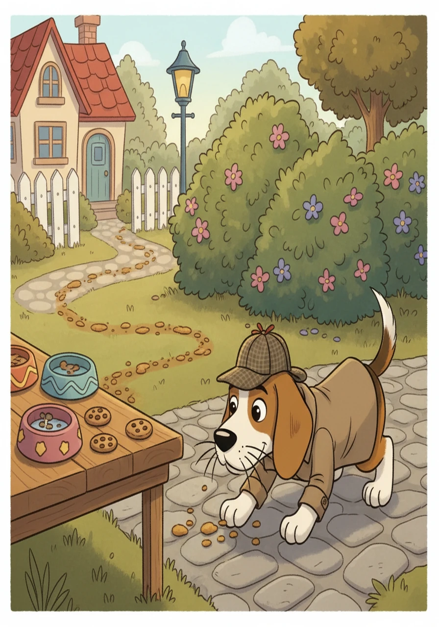 Detective Paws, using his keen sense of smell, began his investigation. He sniffed around the tables, his whiskers twitching, and noticed a trail of crumbs leading away from the treat station, heading towards a large bush.