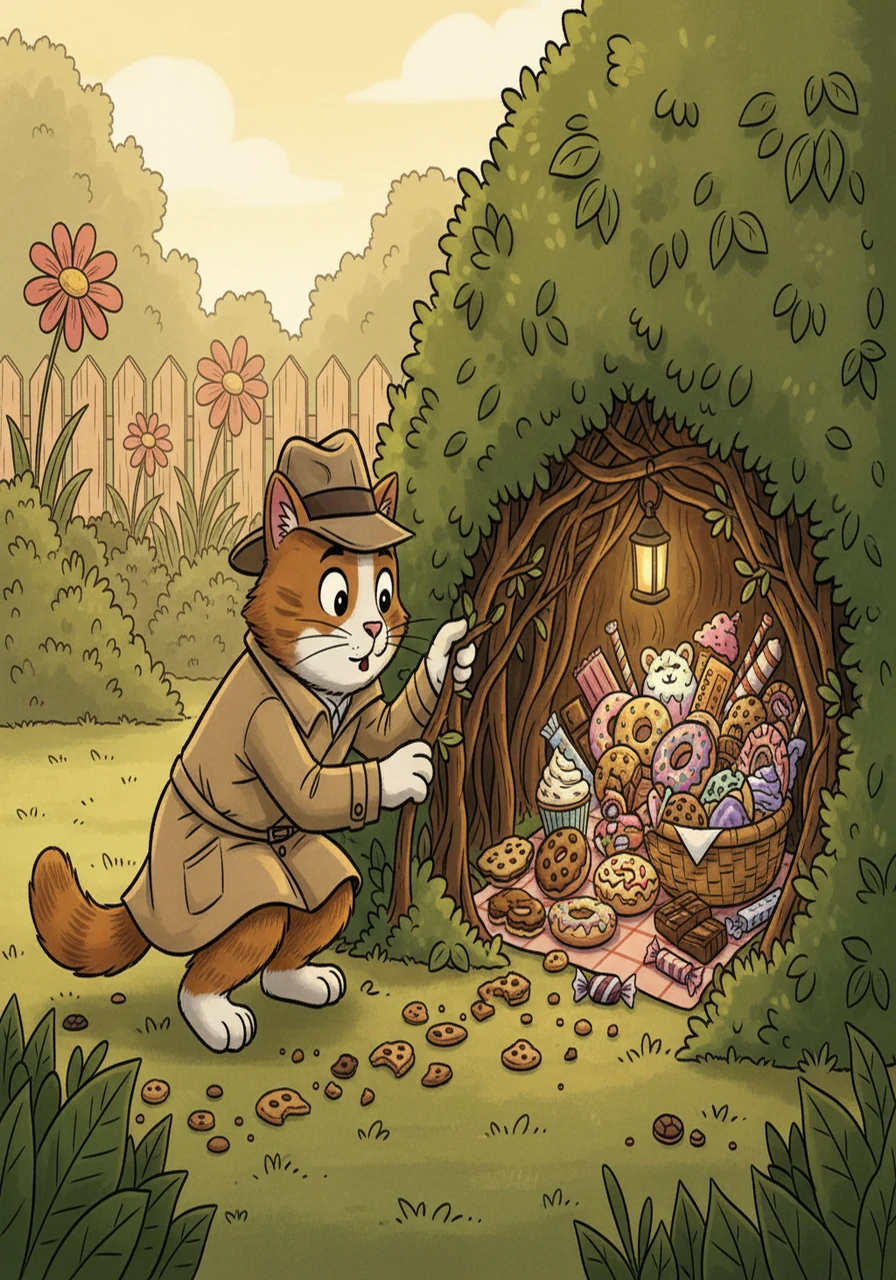 Following the crumb trail, Detective Paws crouched low to the ground and crept toward the bush. He found a secret hideout, a cozy nook formed by the branches, and a collection of stolen treats.