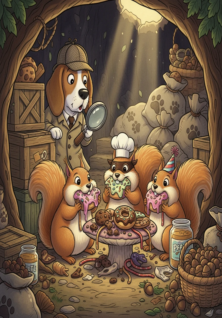 Inside the hideout, Detective Paws discovered the culprits: a group of mischievous squirrels! They were happily munching on the stolen treats, their cheeks bulging.