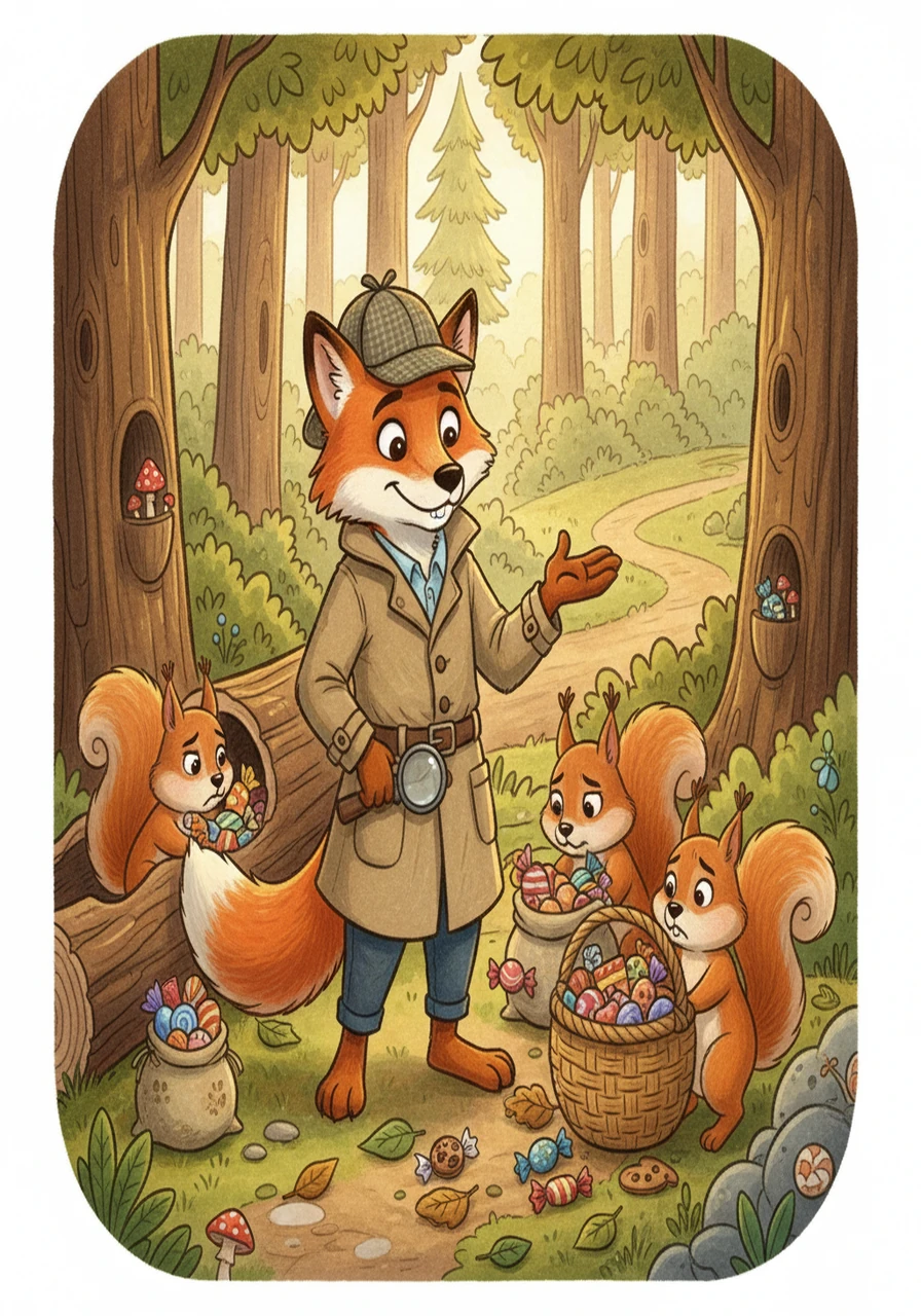 Detective Paws, with a twinkle in his eye, explained the importance of sharing. The squirrels, realizing their mistake, offered to help return the treats. They helped Detective Paws gather the treats from the hideout.