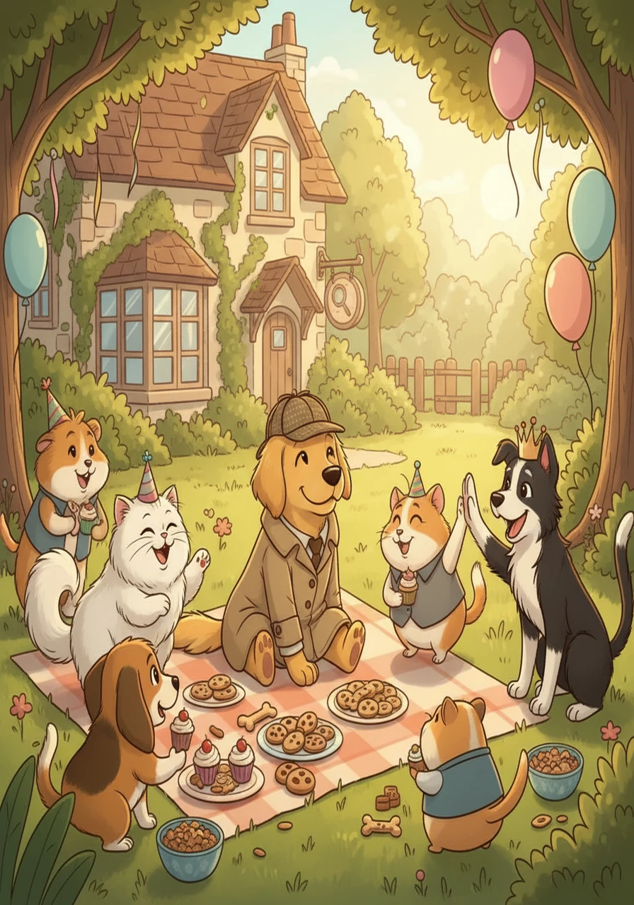 The pet party continued, with treats shared amongst all. Detective Paws, hailed as a hero, watched with satisfaction as everyone laughed and enjoyed the party. The mystery was solved, and friendship prevailed.