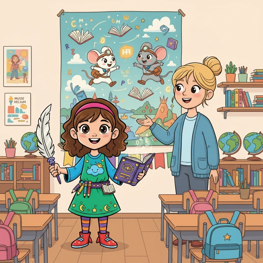 I klassrummet väntade en överraskning. En stor affisch med bilder från Musse och Helium och en skylt som sa "Välkommen till Läslabbet!". Läraren log vänligt.