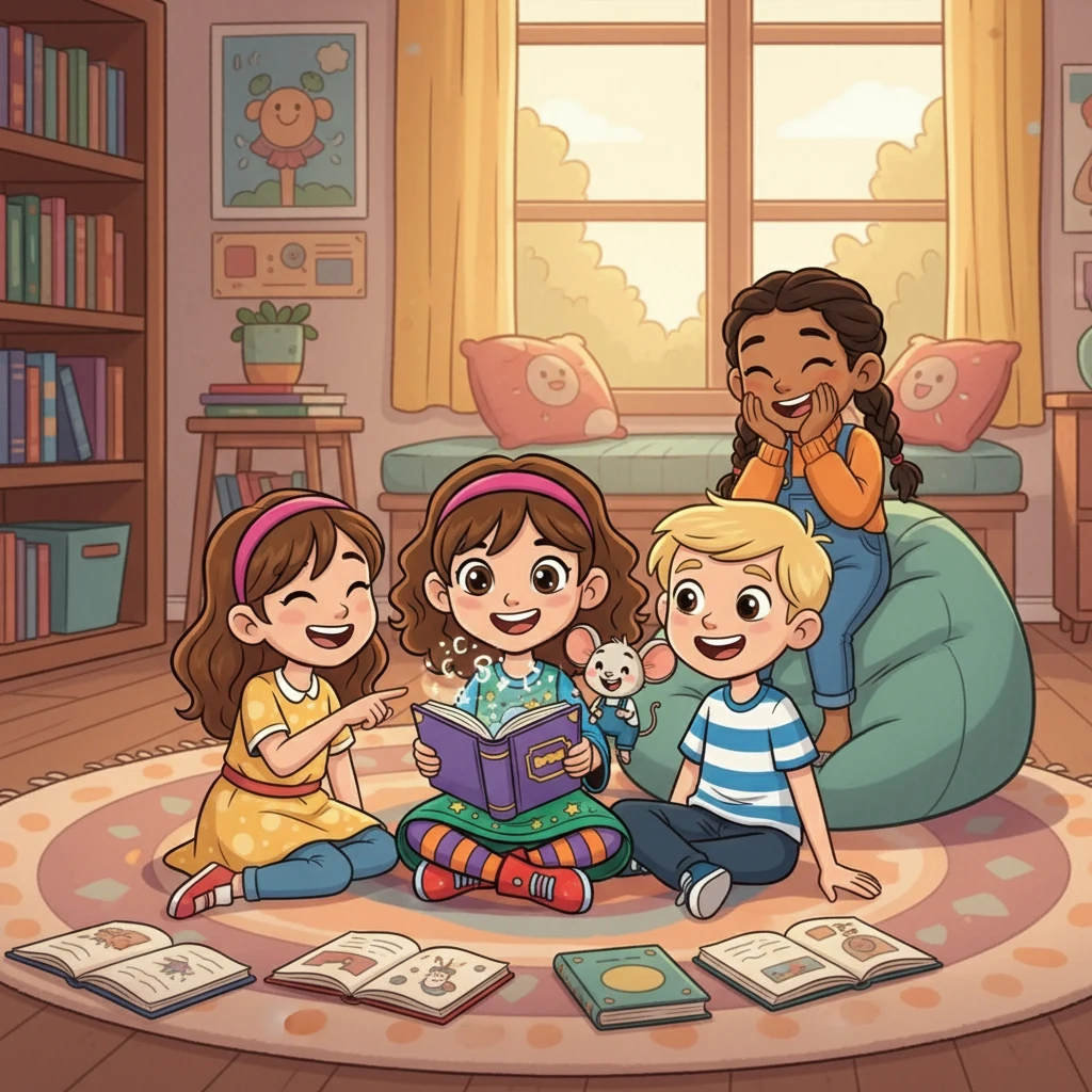 Lexi och hennes kompisar läste högt ur Musse och Helium. De skrattade åt roliga ord och diskuterade svåra ord tillsammans. Det var en härlig stund.