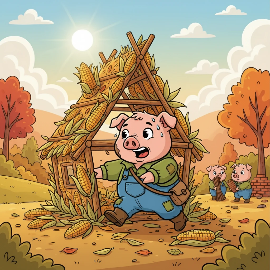 En un soleado día de otoño, los tres cerditos, Juan, Antonio y Jorge, recibieron una tarea especial: construir sus propias casas antes de que llegara el invierno. Juan, el más joven, corrió a construir una casa de espigas de maíz, ansioso por terminar rápido. Se podía ver su prisa en cada detalle.
