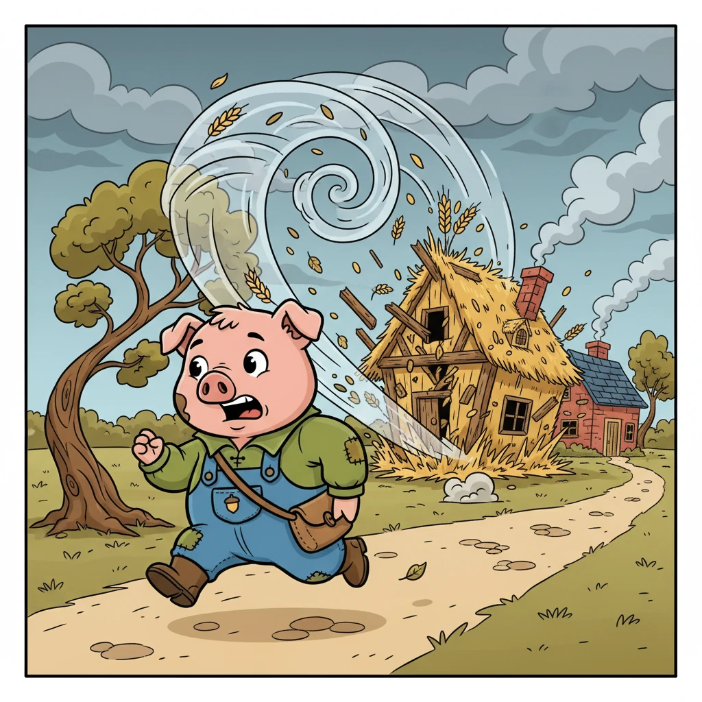 Llegó el viento, fuerte y travieso. La casa de Juan, hecha de espigas, se derrumbó con la primera ráfaga. Juan, asustado, corrió a refugiarse con Antonio.