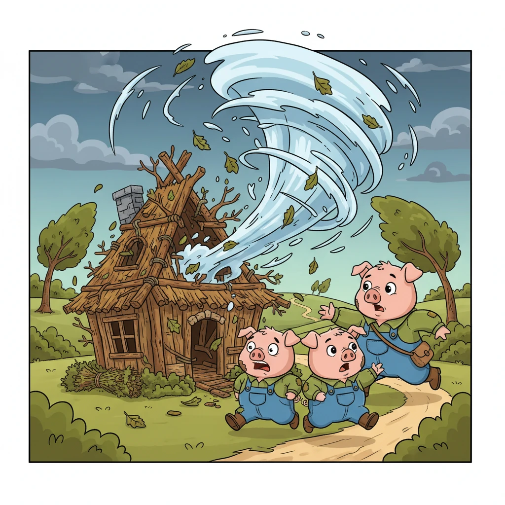 El viento no perdonó la casa de ramas de Antonio, que crujió y se desmoronó rápidamente. Los dos cerditos, asustados y arrepentidos, corrieron a buscar a Jorge.