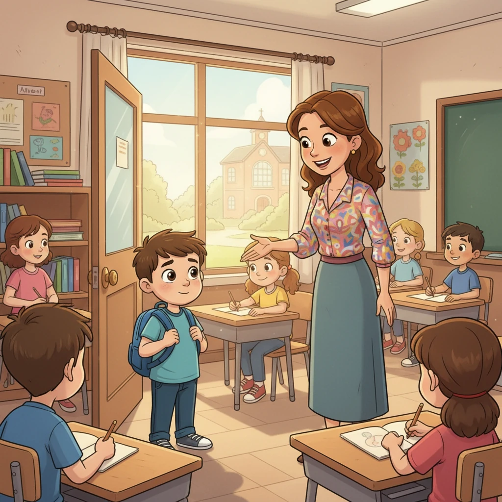 Il entra timidement dans la classe, où une enseignante souriante l'accueillit chaleureusement. Madame Dubois lui montra sa place près de la fenêtre, lui souhaitant la bienvenue. Théo s'assit, observant les autres enfants qui semblaient déjà bien se connaître.