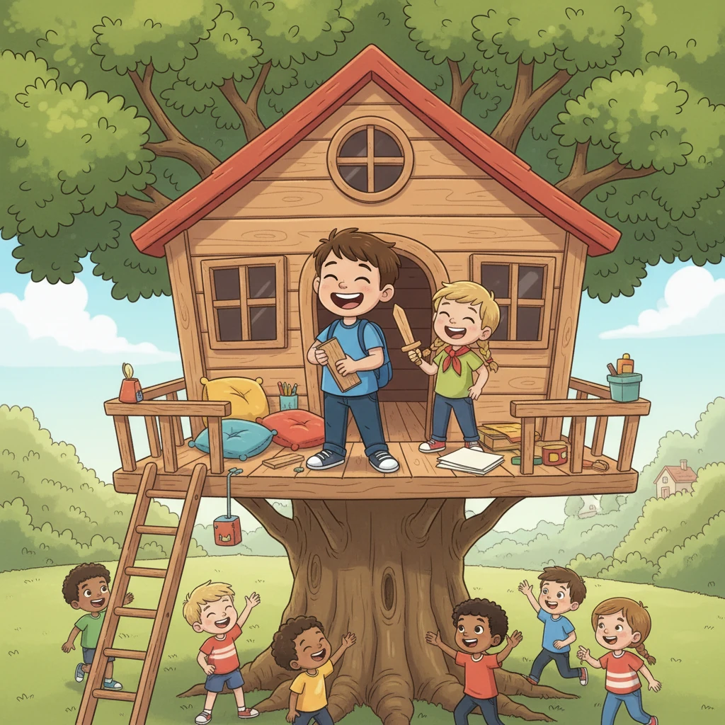 Ensemble, ils construisirent une cabane en bois et inventèrent des histoires extraordinaires. Théo se sentait enfin à sa place, les rires et les jeux remplissant son cœur de joie. Il découvrait le bonheur de l'amitié et la magie du partage.