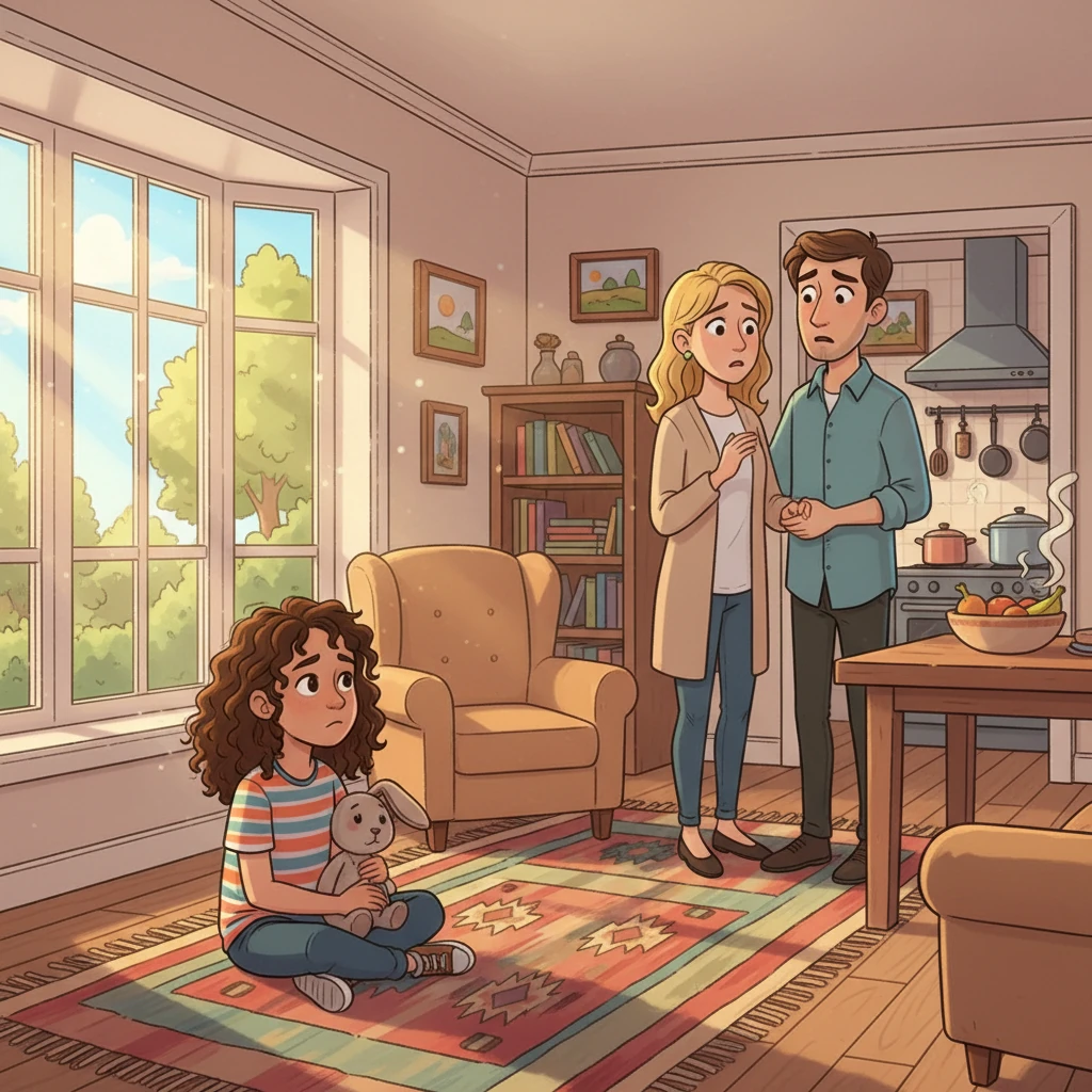 Aisha sat on the vibrant woven rug of her family's living room, sunlight streaming through the window. The air hung heavy with the scent of spices from the kitchen. Her parents, Amira and Hassan, were talking in hushed tones, their faces etched with worry.
