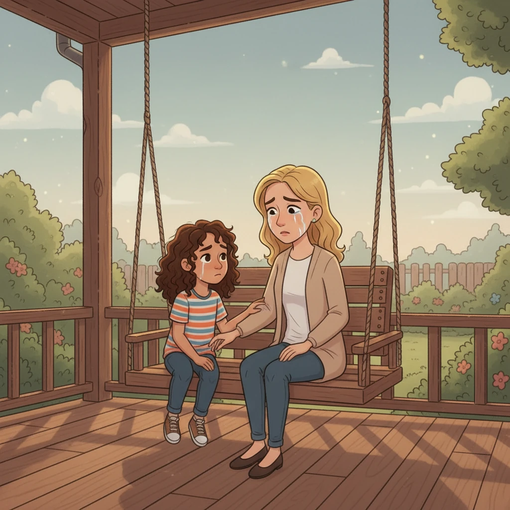 Later, Aisha found her mother, Amira, sitting on the porch, tears silently streaming down her face. Aisha gently sat beside her, offering a hand. Amira shared that her husband Hassan was unwell and that sometimes, his behavior was difficult to understand.