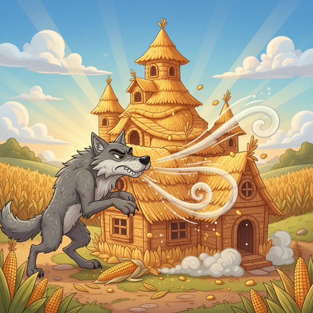 El lobo, hambriento y astuto, llegó a la casa de maíz de Rosendo. Soplando con fuerza, intentó derribarla, pero la casa era más fuerte de lo que esperaba. El lobo resopló y bufó, frustrado por la resistencia de la casa hecha de maíz.