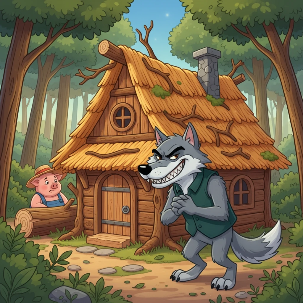 Benito, el hermano mediano, construyó su casa con troncos de ramas secas caídas. La casa, hecha de madera, tenía un aspecto más rústico y natural. El lobo, tras fracasar con Rosendo, se dirigió hacia la casa de Benito, con una sonrisa maliciosa.