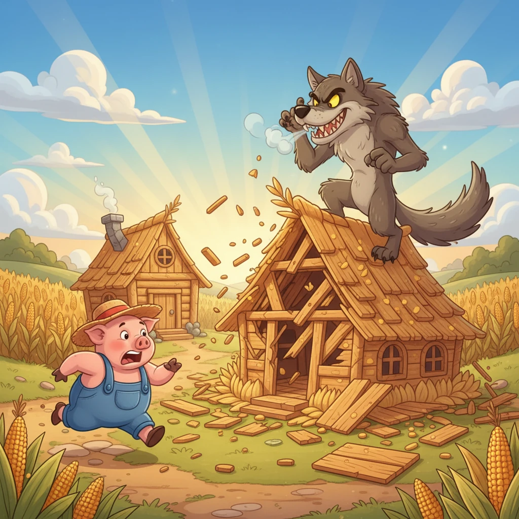 El lobo sopló y sopló, y la casa de madera se vino abajo. Benito, asustado, corrió a refugiarse en la casa de su hermano Fermín. El lobo, victorioso, se dirigió a la siguiente casa, con la vista puesta en el último cerdito.