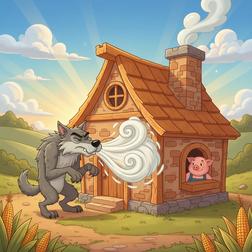 Fermín, el hermano mayor, construyó su casa con ladrillos y barro, una casa resistente y fuerte. El lobo, al llegar a la casa, sopló con todas sus fuerzas, pero la casa no se movió. Decidió entonces entrar por la chimenea.