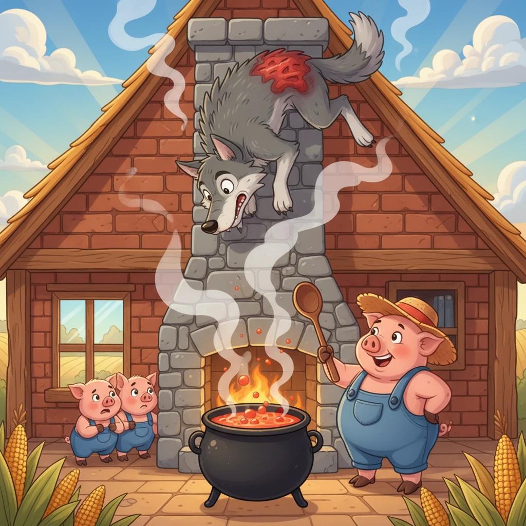 El lobo trepó a la chimenea, pero Fermín, astuto, había preparado una olla de sopa hirviendo. El lobo cayó dentro, quemándose y huyendo para siempre. Los tres cerditos vivieron felices en la casa de ladrillo, sabiendo que la astucia y el trabajo duro siempre triunfan.