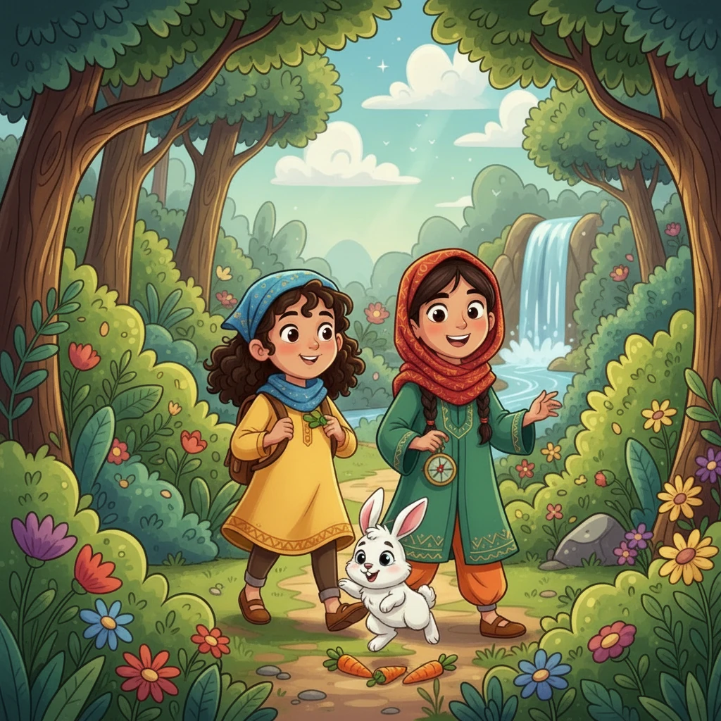 أثناء تجولهما، التقتا بأرنب أبيض لطيف يلعب بفرح. كان الأرنب يقفز ويقفز حولهما، وقدم لهما تحية ودية. رحبت أسيل وفردوس بالأرنب وشاركتاه بعض الجزر التي أحضرتاها.