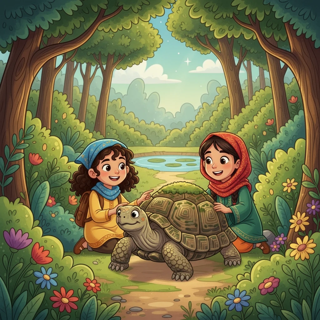 واصلتا المغامرة، حتى التقتا بـ سلحفاة حكيمة وهادئة. كانت السلحفاة بطيئة، لكنها كانت ودودة ومرحبة. تحدثت الفتاتان مع السلحفاة، وتعلمتا منها عن صبر الطبيعة.