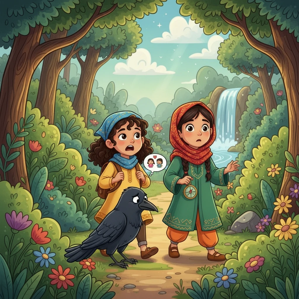 فجأة، ظهر غراب أسود، كان يبدو حزينًا ووحيدًا. اقترب الغراب منهما ببطء، وتمنى أن يصبح صديقهما. خافت أسيل وفردوس في البداية، لكن الغراب أخبرهما عن رغبته في الصداقة.