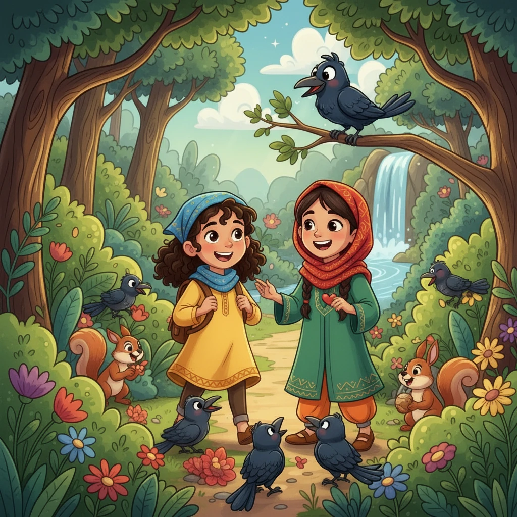 ابتسمت أسيل وفردوس وقررتا إظهار اللطف للغراب. أخبرتاه أن الصداقة الحقيقية تقوم على اللطف وليس على المظهر. بدأوا جميعًا في اللعب والضحك معًا.