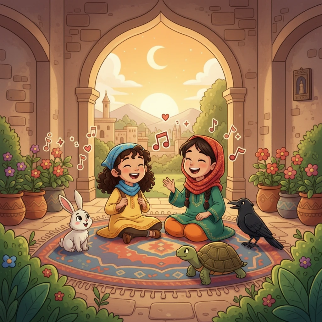 وفي نهاية اليوم، جلست أسيل وفردوس والأرنب والسلحفاة والغراب معًا، وغنوا أغنية قصيرة عن الصداقة. كانت الأغنية مليئة بالسعادة والبهجة، وتذكرهم دائمًا بأهمية الصداقة.