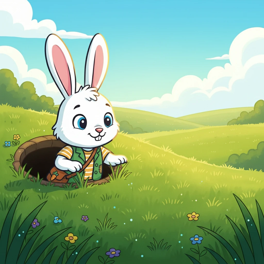 Hoppel, ein kleines Kaninchen mit flauschigem Fell, erwachte in seinem Bau. Die Sonne schien warm auf die grüne Wiese, und der Duft von frischem Gras kitzelte seine Nase. Neugierig tappte Hoppel aus seinem Bau und blickte in die Welt.