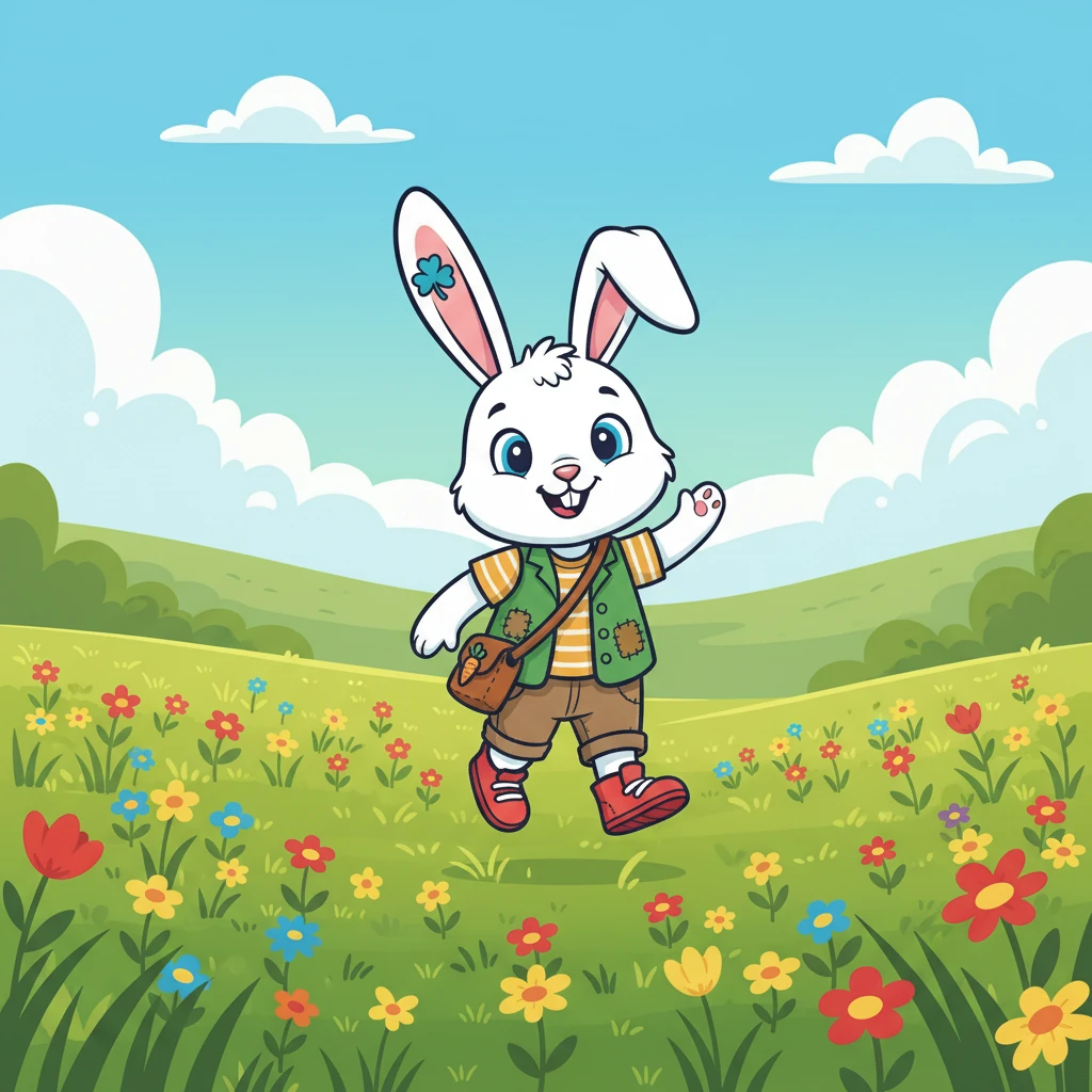 Die Wiese erstreckte sich so weit das Auge reichte, bedeckt mit saftigem, grünen Gras. Bunte Blumen wiegten sich sanft im Wind. Hoppel hoppelte vergnügt umher, seine kleinen Ohren aufmerksam nach Geräuschen.