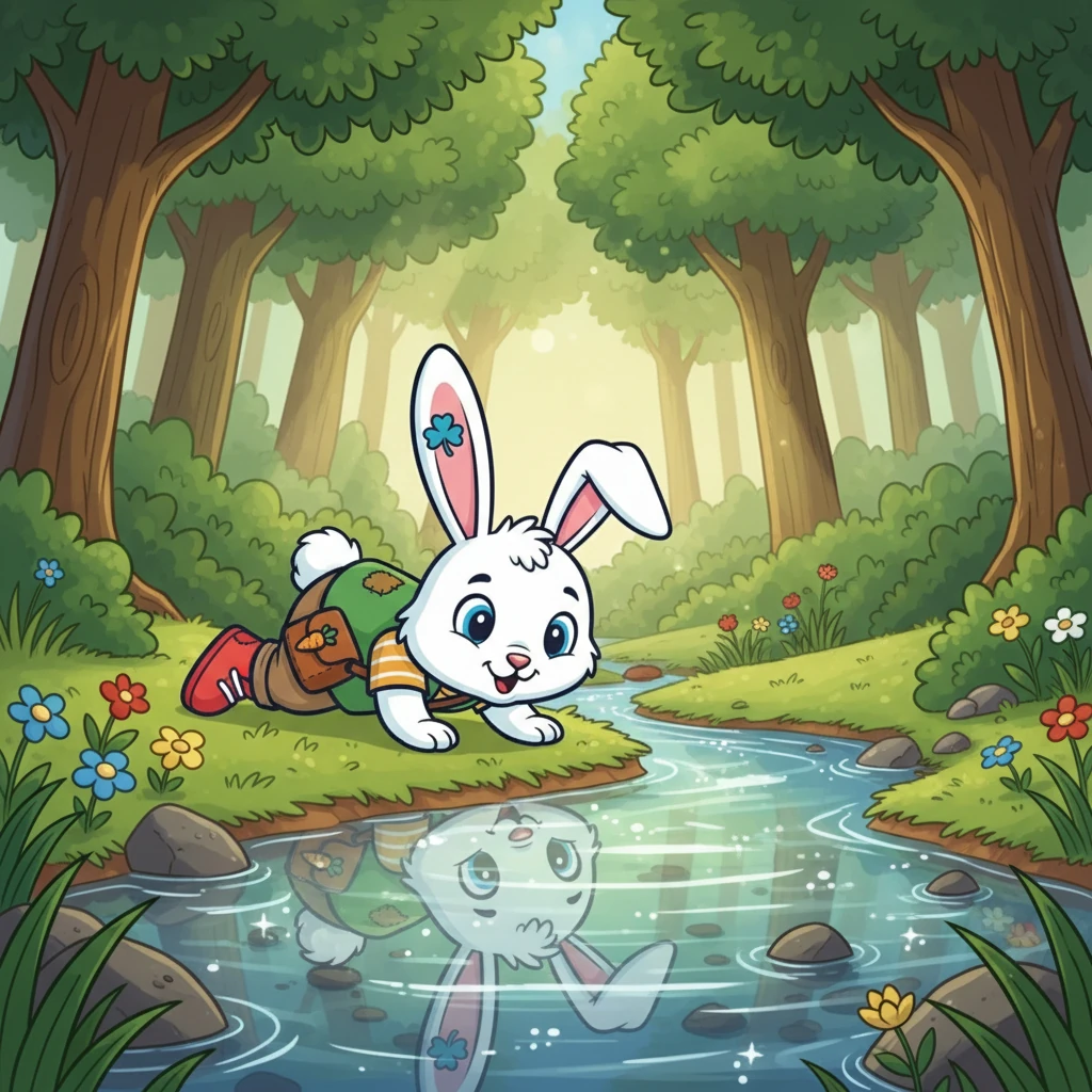 Auf seiner Entdeckungstour traf Hoppel auf einen kleinen Bach, in dem das Wasser glitzerte und plätscherte. Er beugte sich vor, um zu trinken, und sah sein eigenes Spiegelbild im klaren Wasser.