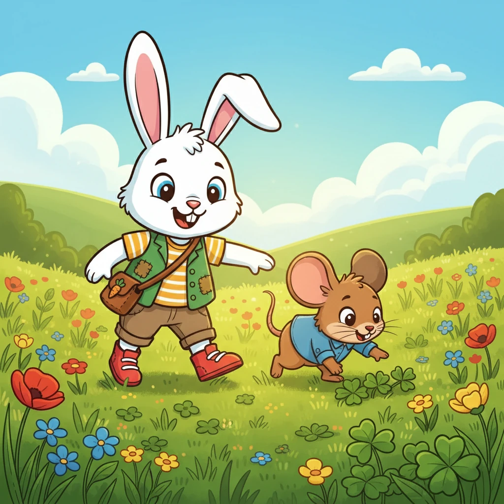Gemeinsam erforschten Hoppel und sein neuer Freund die Wiese. Sie spielten Fangen zwischen den Blumen und suchten nach leckeren Kleeblättern. Die Sonne wärmte sie.