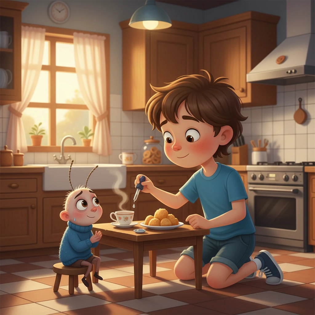 Leo llevó a Pulguita a su casa, a la cálida cocina. Con cuidado, le preparó una medicina especial para pulgas y le dio de comer unas migas de pan.