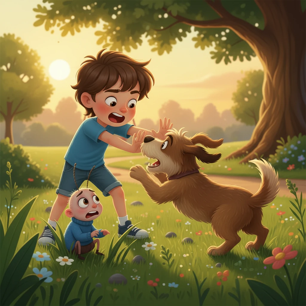 Un día, en el parque, un perro grande intentó atrapar a Pulguita. Leo, valiente, la protegió, alejando al perro con un grito y defendiendo a su amiga.