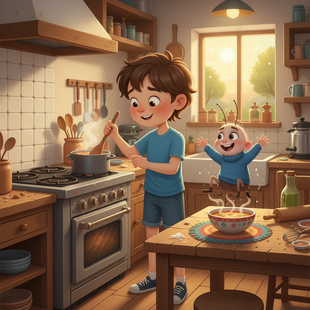 En la cocina, Leo preparaba una deliciosa sopa para Pulguita. La pulga, ya más fuerte, saltaba con alegría por la mesa, disfrutando de la compañía de su amigo.