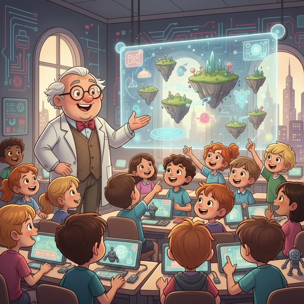 Professor Eldridge, with a twinkle in his eye, stood before a class of eager students. He had a grand idea: to use artificial intelligence to make their lessons more exciting. The classroom buzzed with anticipation as he announced his plan to create a virtual world for their next project.