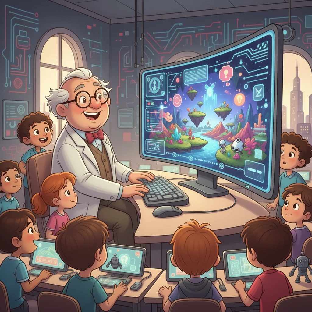 He sat at his computer, a complex AI program on the screen, ready to create a fantastical world. He typed in commands, his fingers dancing across the keyboard. The students gathered around, their faces reflecting the colorful images the AI was generating: a vibrant, digital landscape.