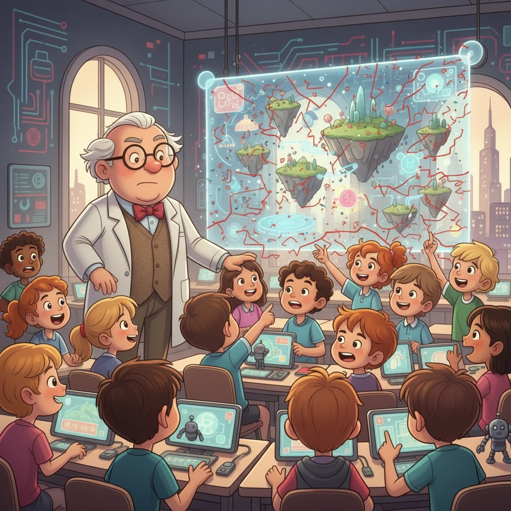 Suddenly, a glitch appeared. The AI was struggling. Professor Eldridge, with the students, worked together to debug the system. It was a race against time to save their world and the lesson.