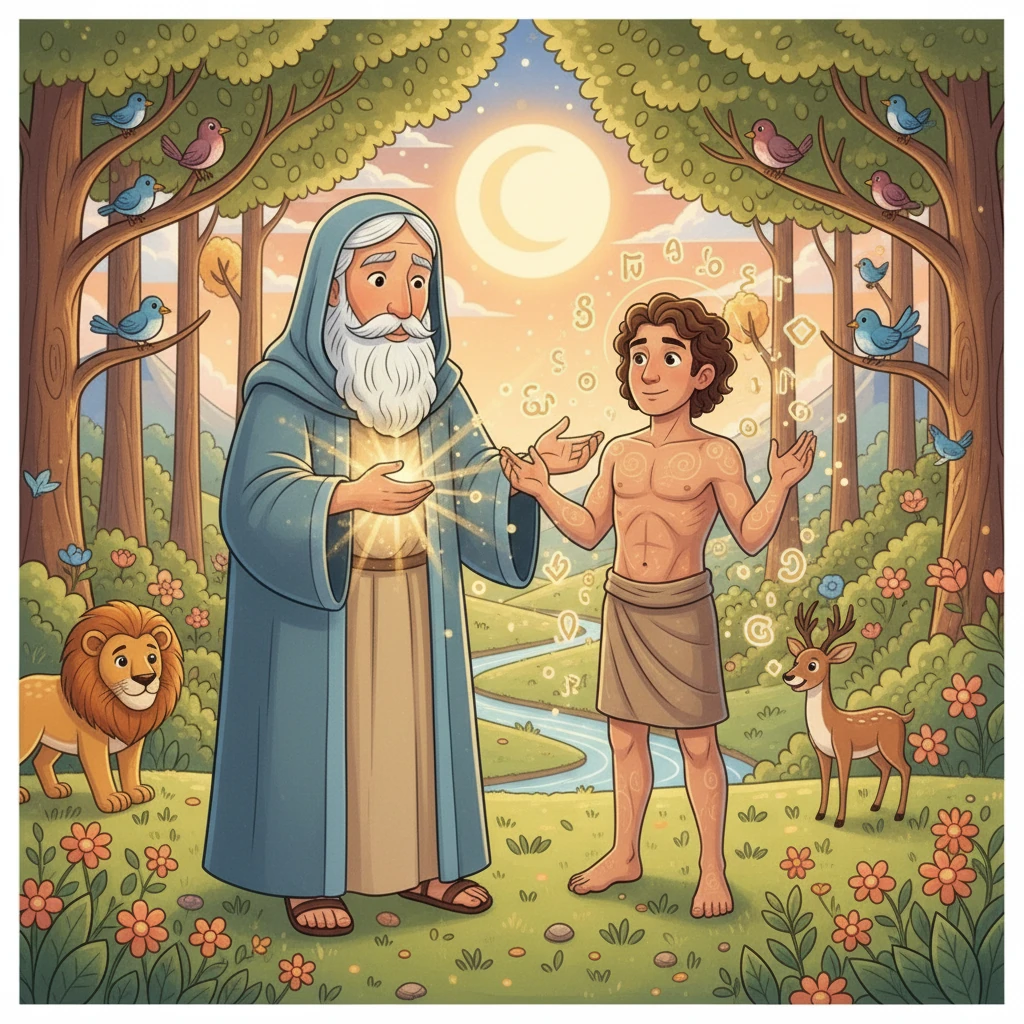 Allah, with boundless knowledge, taught Adam the names of all things. Adam learned of every bird and tree, the sun's warm glow, and the gentle rain, making him wise.