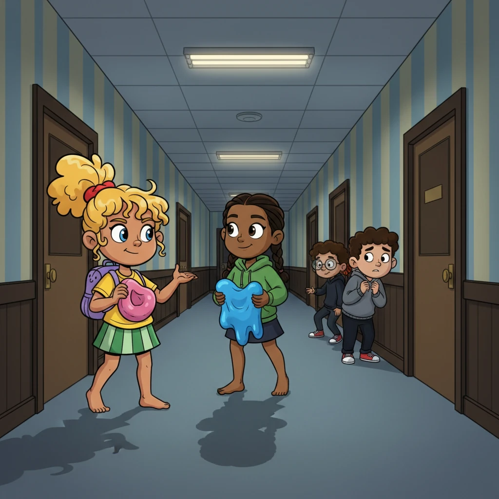 Their first target was the Principal's office. Alexa and Litha, armed with silly putty and a whoopee cushion, tiptoed down the hallway. Dineo and Maijke were lookout. James, the cautious one, stayed behind, fretting. The plan was simple: create chaos and escape before getting caught.