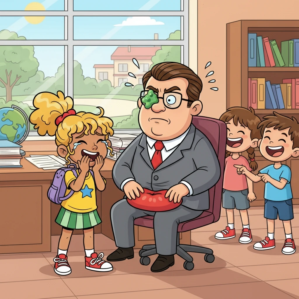 The whoopee cushion was strategically placed under the Principal's chair. When he sat down with a thud, the room erupted in laughter, except for the Principal, who was not amused. The putty, cleverly hidden on his glasses, completed the prank.
