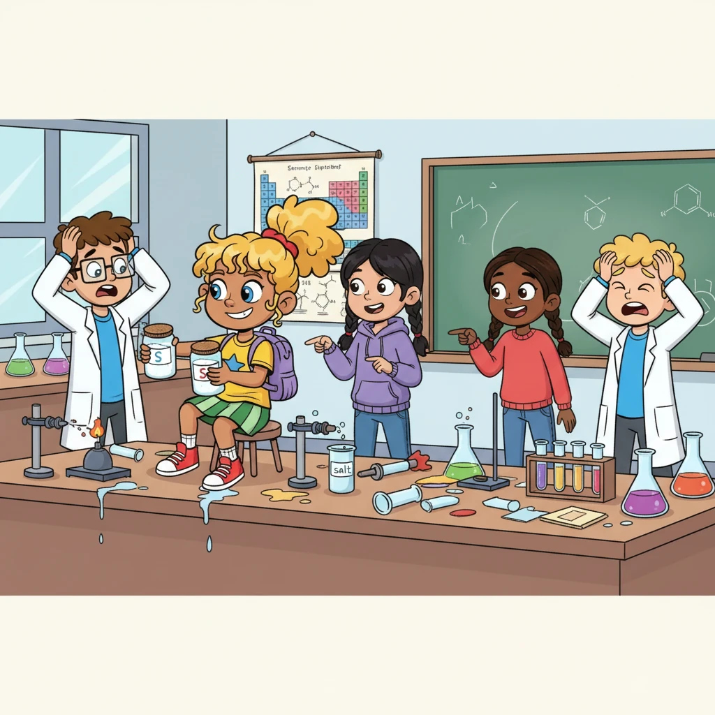 Next, it was the science lab's turn for chaos. Alexa and Litha, fueled by the adrenaline, swapped the sugar and salt. The unsuspecting students in science class were in for a surprise. Dineo, Maijke, and James groaned, knowing their school life could be over.