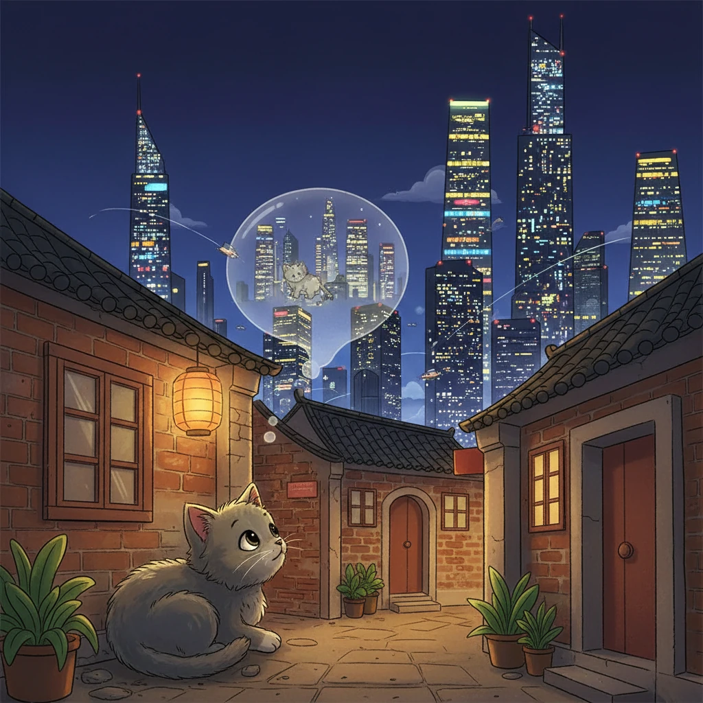 在一座灯火辉煌的城市里，阿灰，一只小巧的灰色猫咪，独自生活在宁静的胡同里。 他总是凝视着远方高耸的摩天大楼，心中充满了对未知世界的渴望和好奇。 他蜷缩在温暖的角落里，梦想着有一天能走出胡同，去探索这座迷人的城市。
