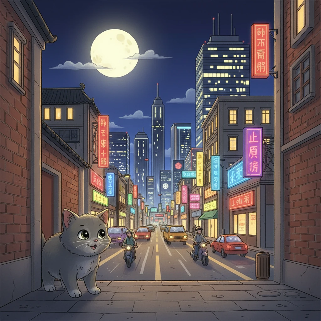 一天晚上，月亮高挂在空中，阿灰鼓起勇气，决定开始他的冒险旅程。 他偷偷溜出了胡同，来到了热闹的街道上。 街上车水马龙，霓虹灯闪烁，阿灰的眼中充满了兴奋和些许的害怕。