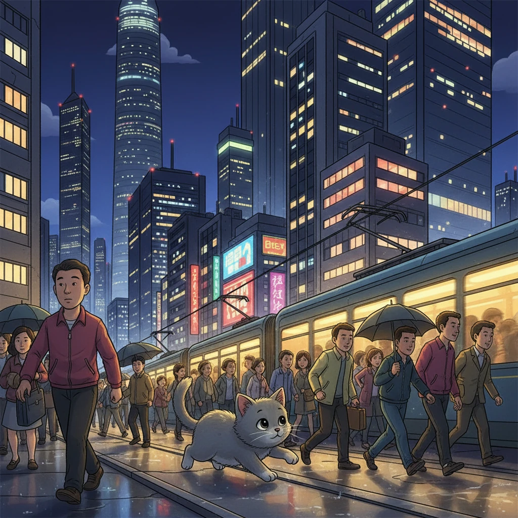 阿灰小心翼翼地穿过街道，躲避着飞驰的电车。 他穿梭于拥挤的人群中，感受着这座城市的喧嚣与活力。 高楼大厦在夜空中耸立，仿佛触手可及，吸引着他不断前进。
