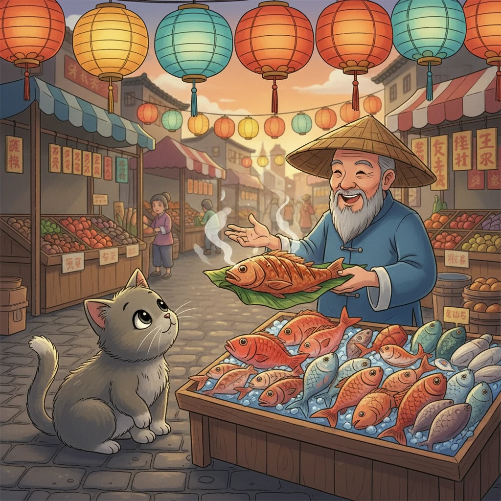 在熙熙攘攘的市场里，阿灰被各种各样的气味和声音所吸引。 他发现了一个热闹的鱼摊，在那里他遇到了一位和蔼可亲的老渔夫。 老渔夫热情地分享了他的故事，并递给他一条美味的鱼。