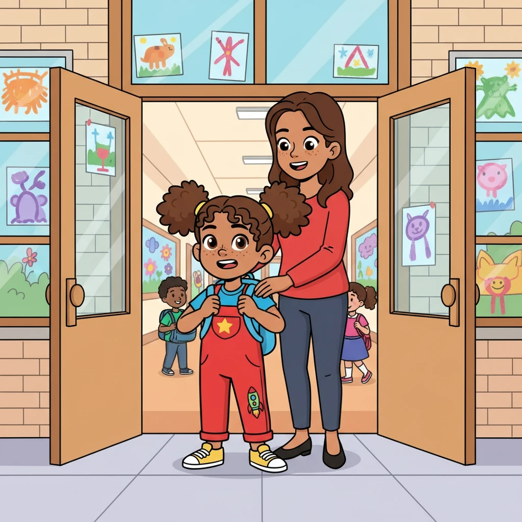 Walking to school, Penelope clutched her new backpack, her heart doing a little flutter. The school building was big and bright, with colorful pictures in every window. She took a deep breath and followed her mom through the front doors, ready to explore.