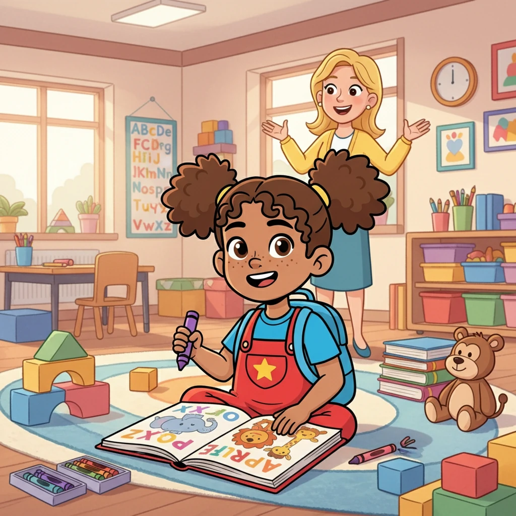 Inside the classroom, Penelope saw colorful blocks, crayons, and books everywhere! Her teacher, Ms. Sunshine, welcomed her with a warm smile. She learned the alphabet with fun songs and colored pictures of animals in the zoo, discovering the letters from A to Z.